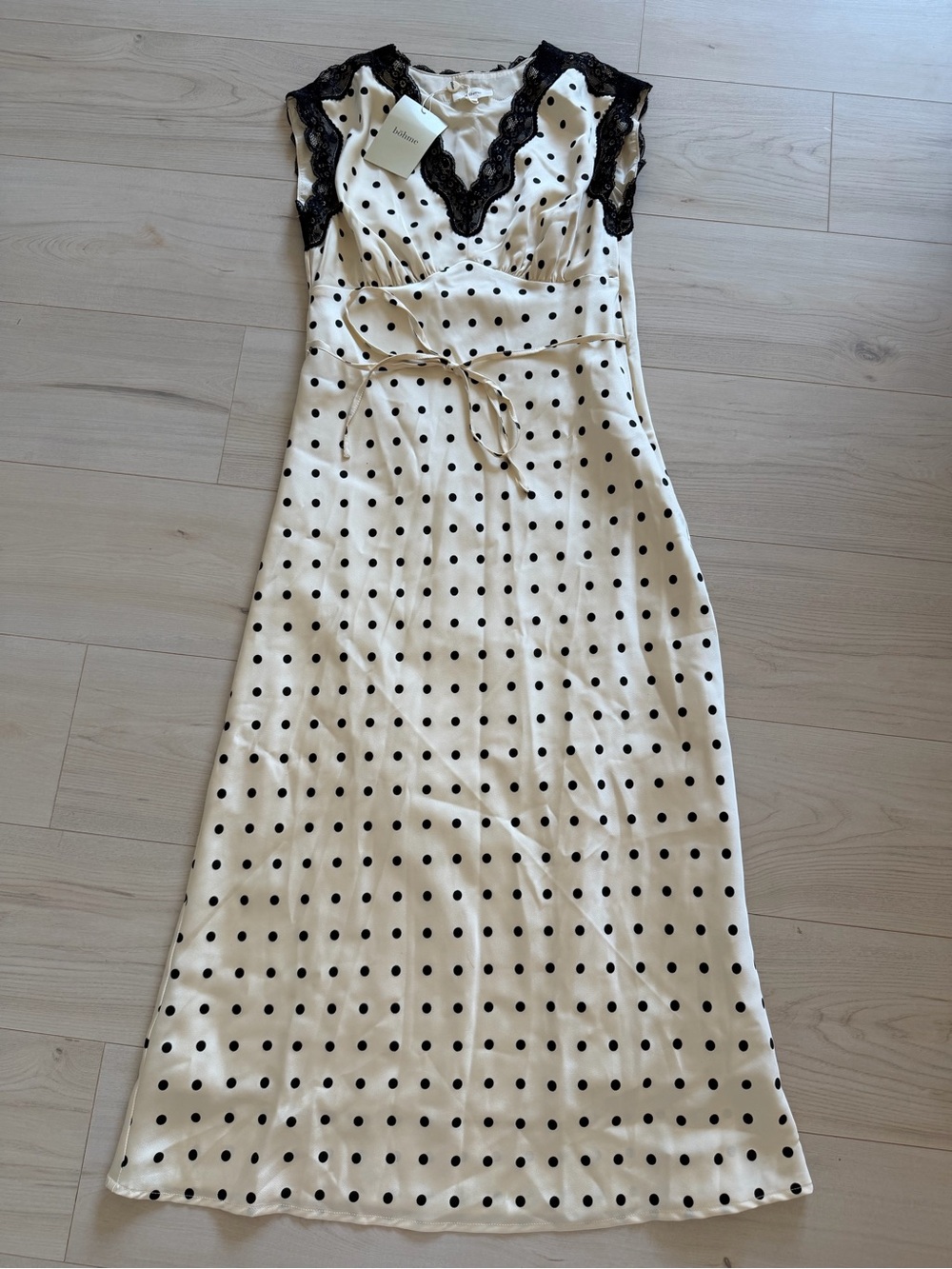 bohme Cream Polka Dot Maxi Dress with Black Lace Trim